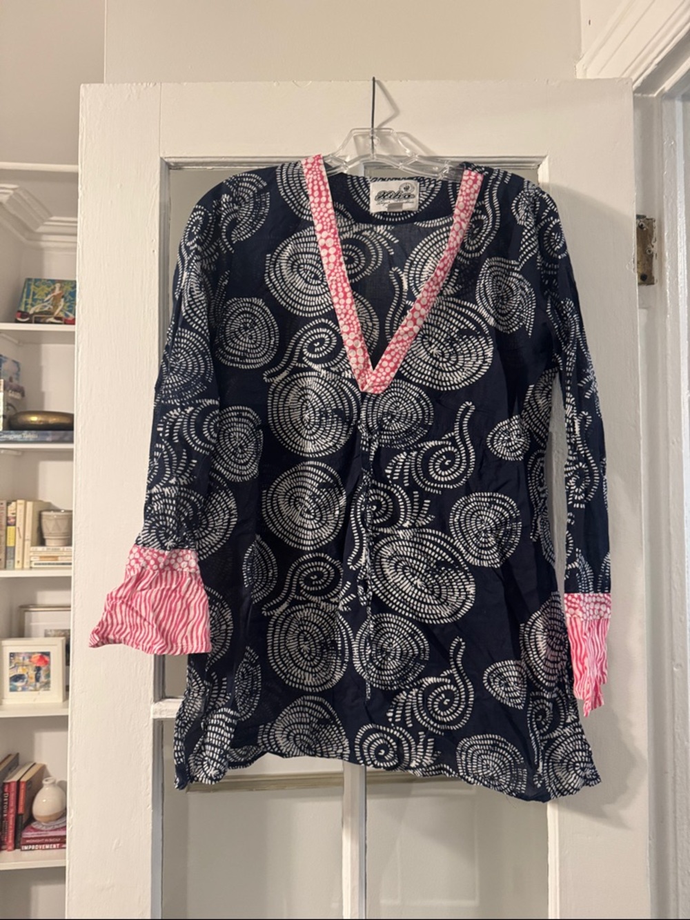 Navy Spiral Print Tunic with Pink Trim